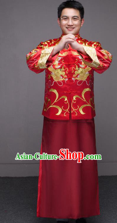 Traditional Ancient Chinese Wedding Red Costumes Bridegroom Embroidered Tang Suit for Men