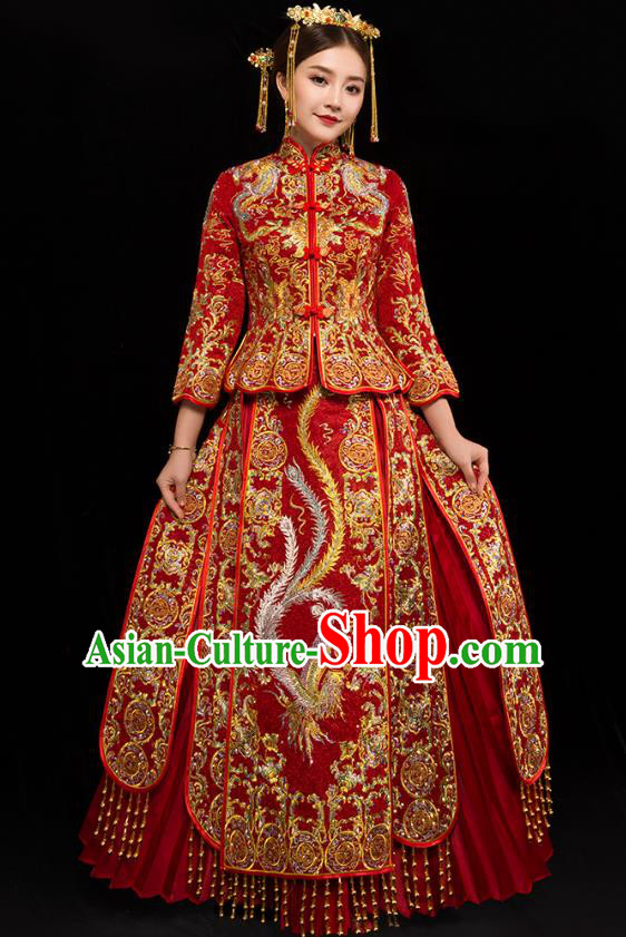 Traditional Chinese XiuHe Suit Wedding Costumes Embroidered Phoenix Red Full Dress Ancient Bottom Drawer for Bride