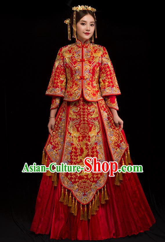 Traditional Chinese XiuHe Suit Wedding Costumes Embroidered Diamante Dragon Phoenix Full Dress Ancient Bottom Drawer for Bride