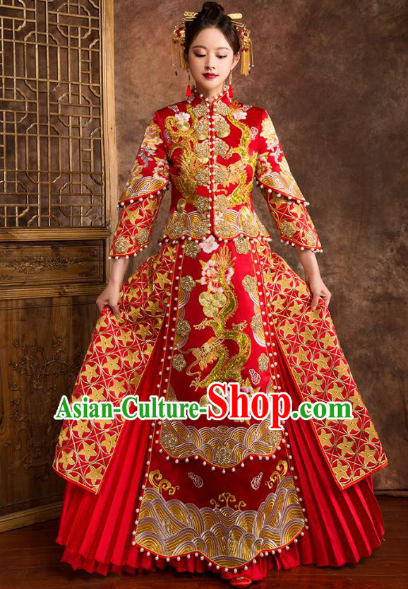 Traditional Chinese Embroidered Dragon XiuHe Suit Wedding Costumes Full Dress Ancient Bottom Drawer for Bride