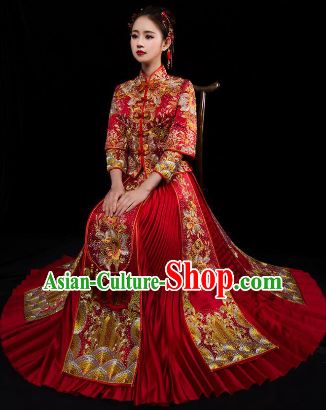 Traditional Chinese Embroidered Phoenix Diamante XiuHe Suit Wedding Costumes Full Dress Ancient Bottom Drawer for Bride