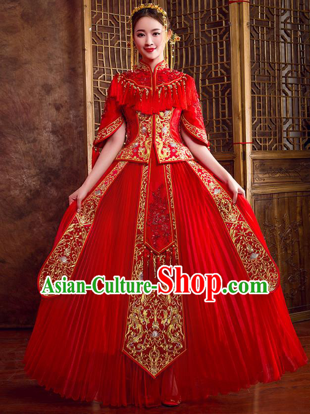 Traditional Chinese Embroidered Diamante Red XiuHe Suit Wedding Costumes Full Dress Ancient Bottom Drawer for Bride