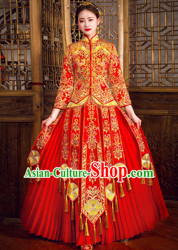 Traditional Chinese Embroidered Peony Diamante Red XiuHe Suit Wedding Costumes Full Dress Ancient Bottom Drawer for Bride