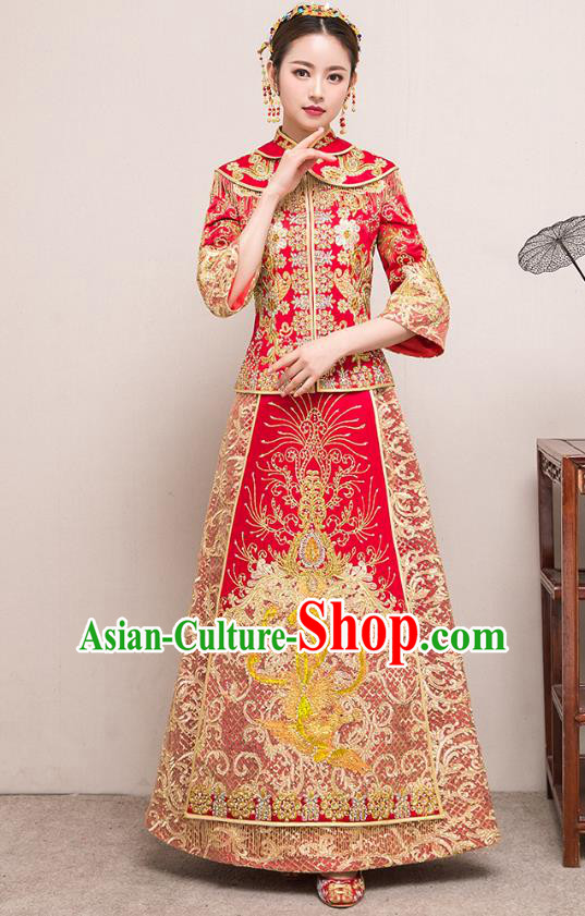 Traditional Chinese Embroidered Slim Diamante Red XiuHe Suit Wedding Costumes Full Dress Ancient Bottom Drawer for Bride