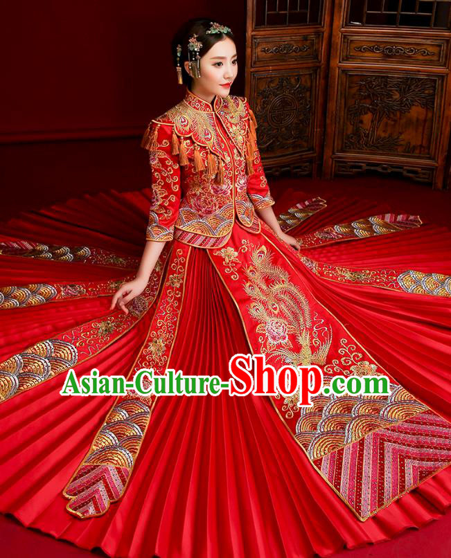 Traditional Chinese Embroidered Phoenix Slim XiuHe Suit Wedding Costumes Full Dress Ancient Bottom Drawer for Bride