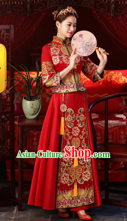 Chinese Ancient Embroidered Wedding Costumes Bride Red Formal Dresses XiuHe Suit for Women