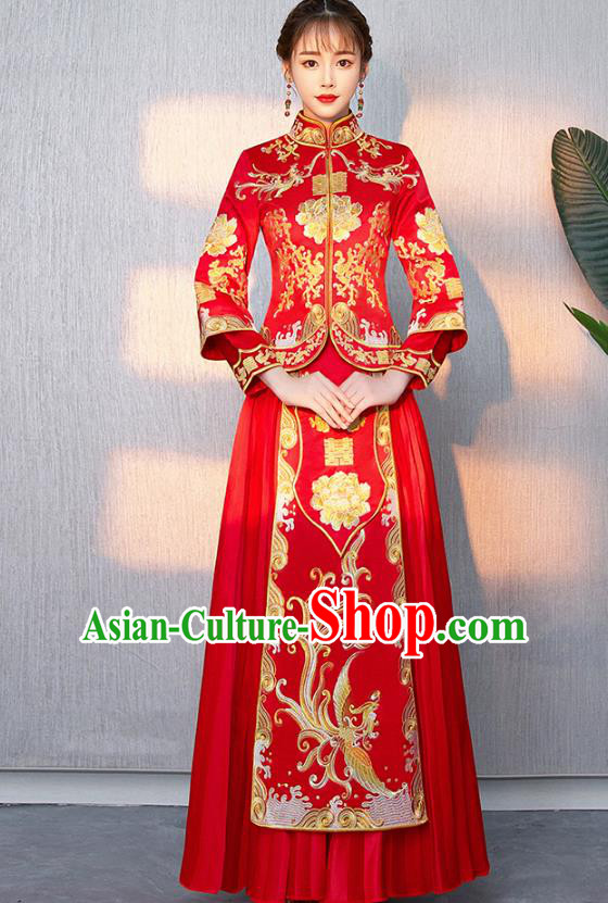 Traditional Chinese Ancient Bottom Drawer Wedding Costumes Embroidered Phoenix Peony Red XiuHe Suit for Women