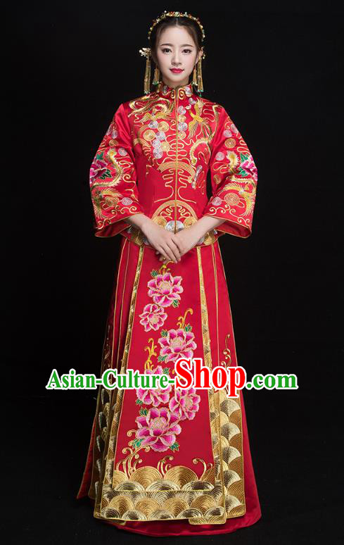 Chinese Ancient Embroidered Peony Wedding Costumes Bride Formal Dresses Red XiuHe Suit for Women