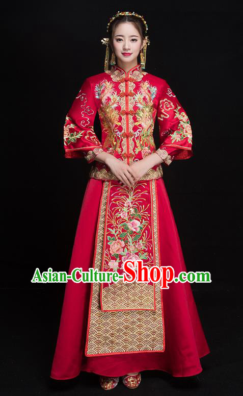 Chinese Ancient Embroidered Phoenix Peony Wedding Costumes Bride Formal Dresses Red XiuHe Suit for Women