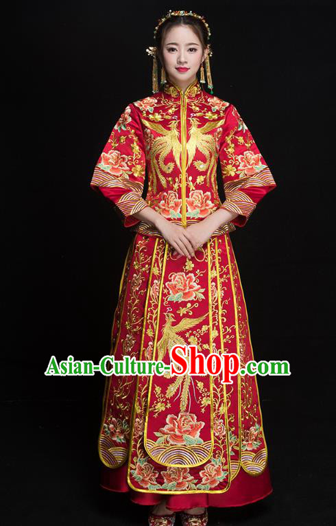 Chinese Ancient Wedding Costumes Bride Formal Dresses Embroidered Phoenix Peony Red XiuHe Suit for Women