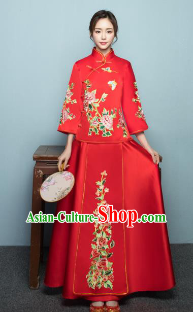 Chinese Ancient Wedding Costumes Bride Formal Dresses Embroidered Peony Butterfly XiuHe Suit for Women