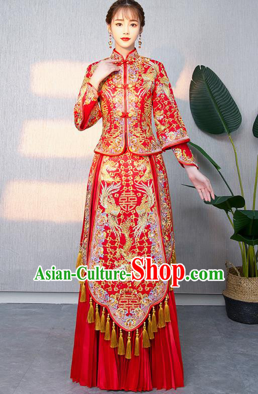 Chinese Ancient Bottom Drawer Traditional Wedding Costumes Embroidered Dragon Phoenix Red XiuHe Suit for Women