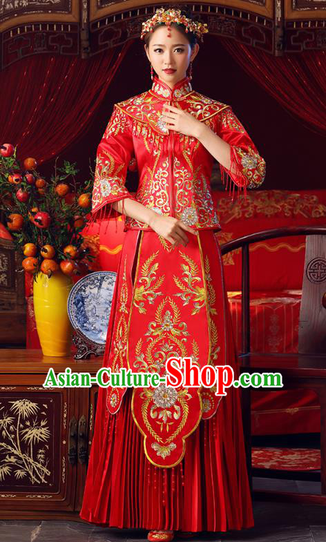 Chinese Ancient Bottom Drawer Embroidered Red XiuHe Suit Traditional Wedding Costumes for Women