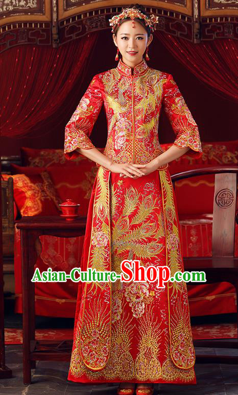 Chinese Ancient Bottom Drawer Embroidered Phoenix Peony Red XiuHe Suit Traditional Wedding Costumes for Women