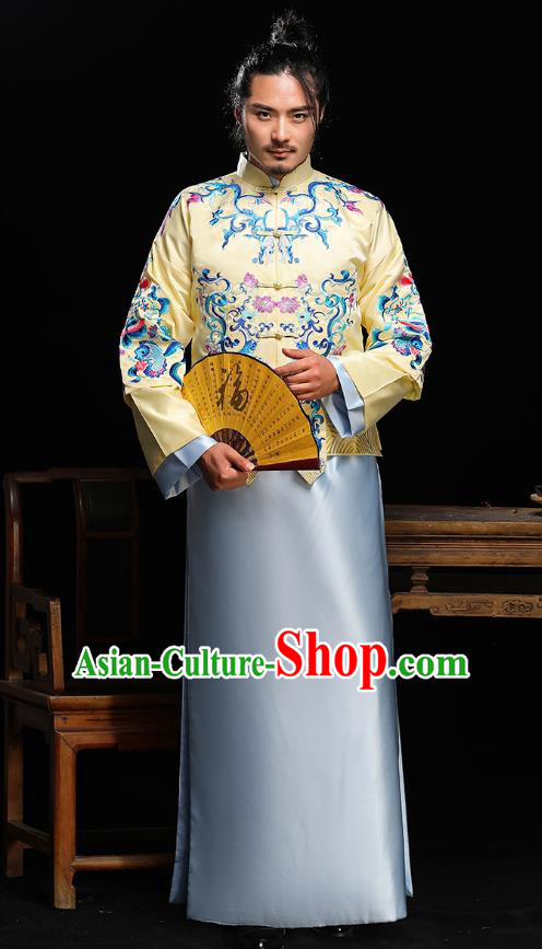 Traditional Ancient Chinese Wedding Blue Costumes Bridegroom Embroidered Tang Suit for Men