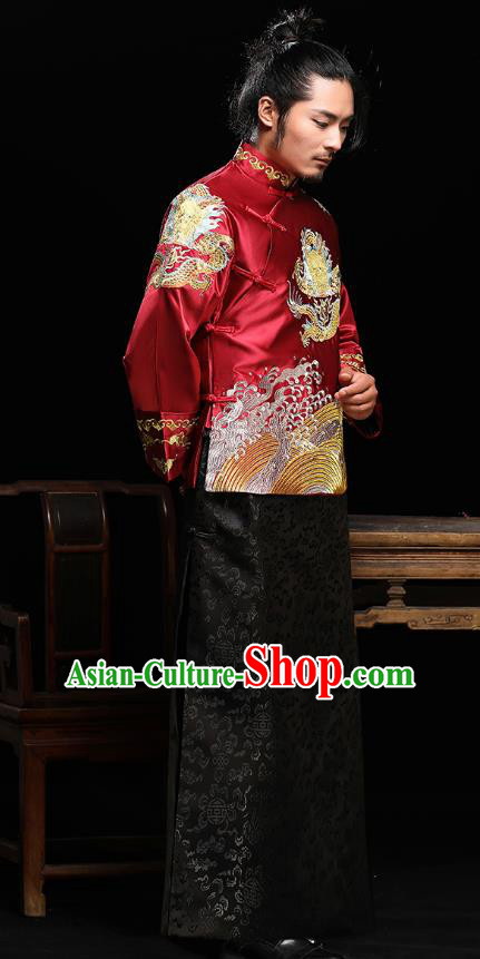 Traditional Ancient Chinese Wedding Red Costumes Bridegroom Embroidered Dragon Tang Suit for Men