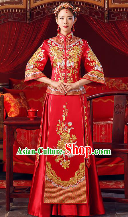 Chinese Ancient Bottom Drawer Embroidered Peony Red XiuHe Suit Traditional Wedding Costumes for Women