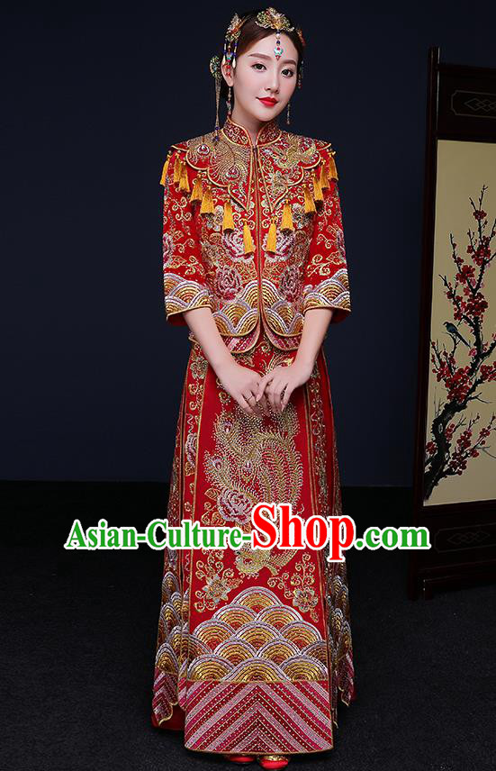 Traditional Chinese Embroidered Phoenix Peony Slim Red XiuHe Suit Wedding Costumes Full Dress Ancient Bottom Drawer for Bride