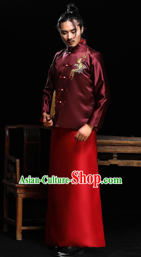 Ancient Chinese Wedding Wine Red Costumes Traditional Bridegroom Embroidered Tang Suit for Men