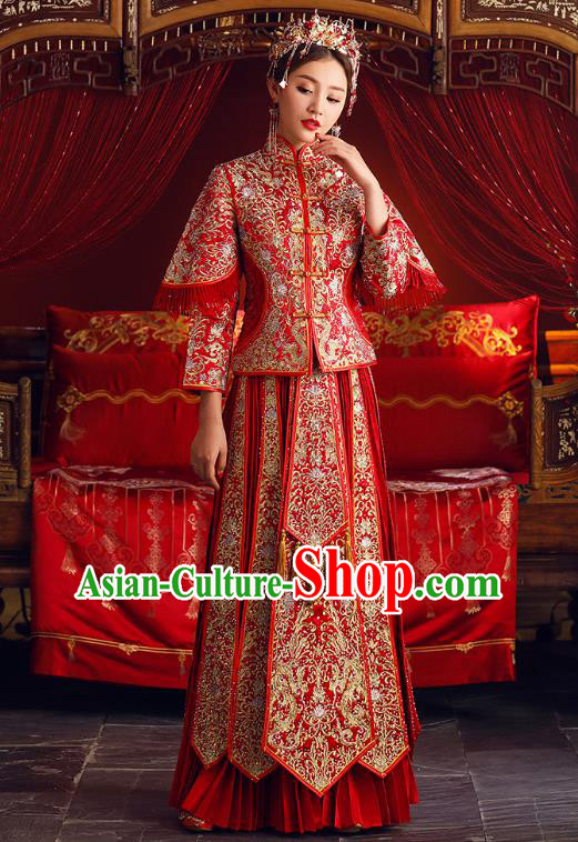 Chinese Ancient Bride Formal Dresses Embroidered Cheongsam XiuHe Suit Traditional Wedding Costumes for Women