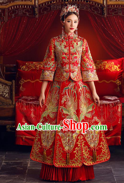 Chinese Ancient Bride Formal Dresses Embroidered Beading Cheongsam XiuHe Suit Traditional Wedding Costumes for Women