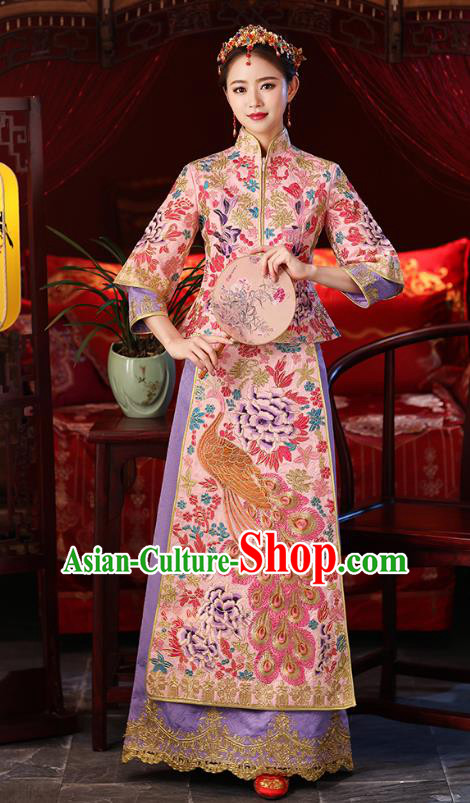 Chinese Ancient Embroidered Wedding Costumes Bride Formal Dresses Pink Toast Cheongsam XiuHe Suit for Women