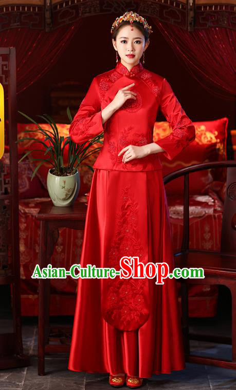 Chinese Ancient Embroidered Wedding Costumes Bride Red Formal Dresses XiuHe Suit for Women