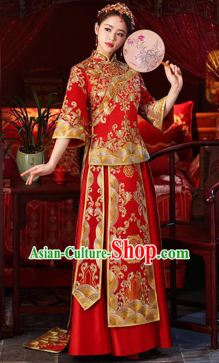 Chinese Ancient Embroidered Wedding Costumes Bride Red Trailing Formal Dresses XiuHe Suit for Women