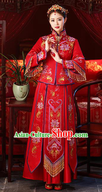 Chinese Ancient Embroidered Wedding Costumes Bride Red Formal Dresses Tassel XiuHe Suit for Women