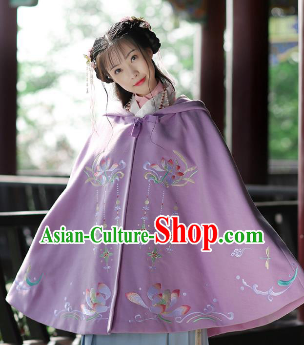 Ancient Chinese Ming Dynasty Princess Costume Embroidered Lotus Purple Cloak for Women