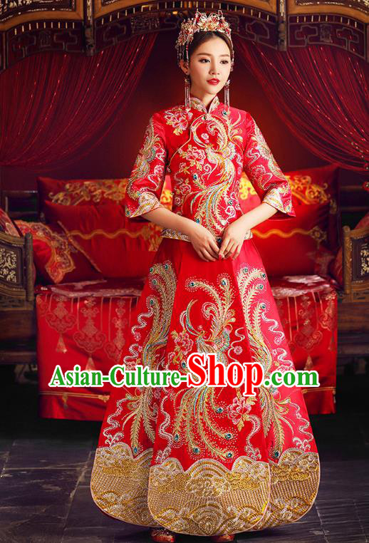 Chinese Ancient Traditional Wedding Costumes Bride Formal Dresses Cheongsam Embroidered Phoenix XiuHe Suit for Women