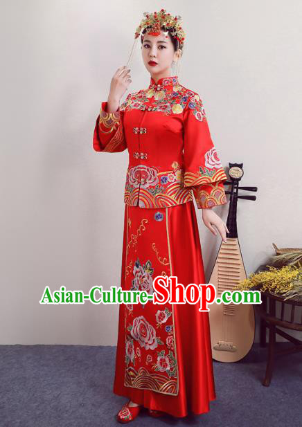 Chinese Ancient Wedding Costumes Bride Red Formal Dresses Embroidered Phoenix Peony XiuHe Suit for Women