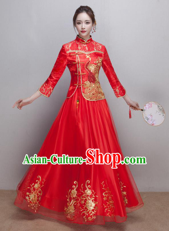 Chinese Ancient Wedding Costumes Bride Red Lace Formal Dresses Embroidered XiuHe Suit for Women
