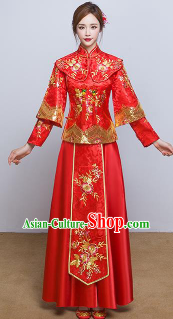 Chinese Ancient Wedding Costumes Bride Red Formal Dresses Embroidered Flowers XiuHe Suit for Women