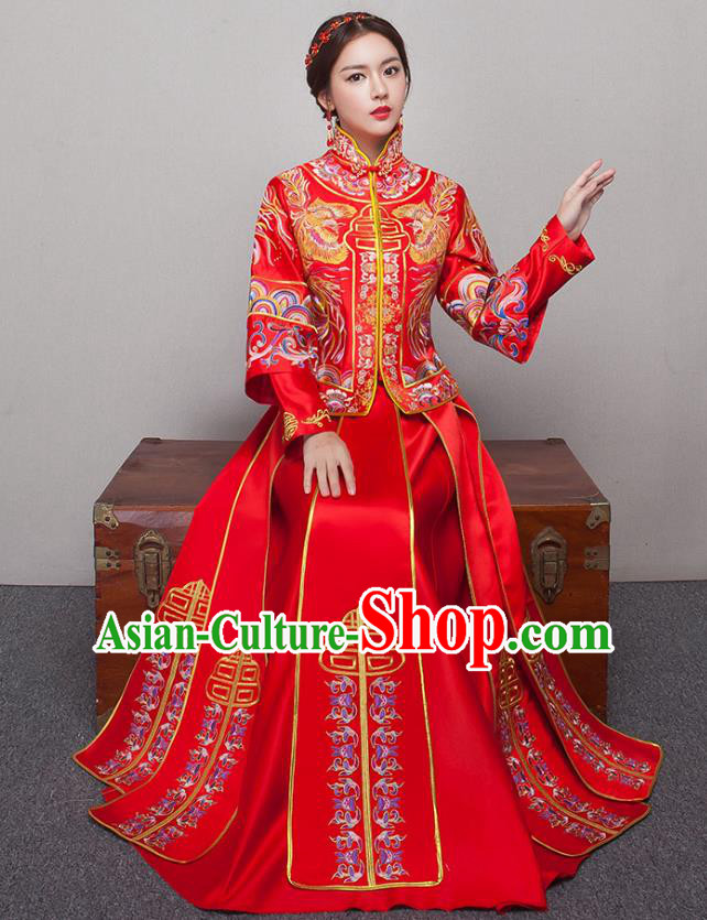 Chinese Ancient Wedding Costumes Bride Formal Dresses Embroidered Slim Red XiuHe Suit for Women