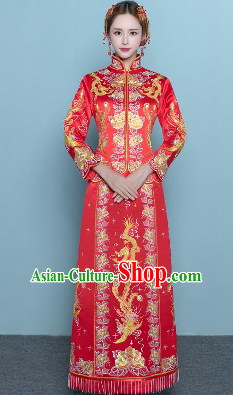 Chinese Ancient Wedding Costumes Bride Red Formal Dresses Embroidered Toast Qipao XiuHe Suit for Women