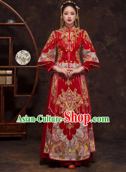 Chinese Ancient Wedding Costumes Bride Formal Dresses Embroidered Red Bottom Drawer XiuHe Suit for Women