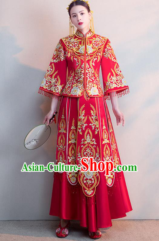 Chinese Ancient Wedding Costumes Bride Formal Dresses Embroidered Red Longfenggua XiuHe Suit for Women