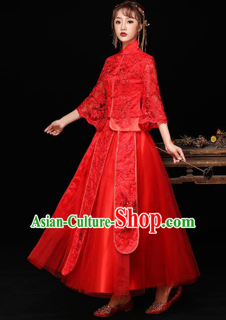 Chinese Ancient Wedding Costumes Bride Red Lace Formal Dresses Embroidered Longfenggua XiuHe Suit for Women