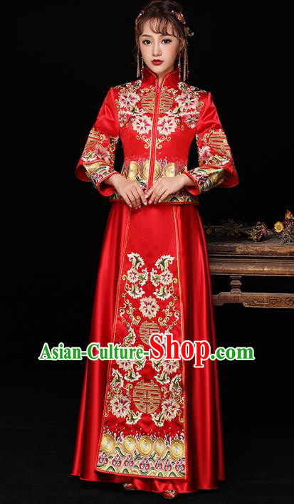 Chinese Ancient Wedding Costumes Bride Formal Dresses Embroidered Lotus Longfenggua XiuHe Suit for Women