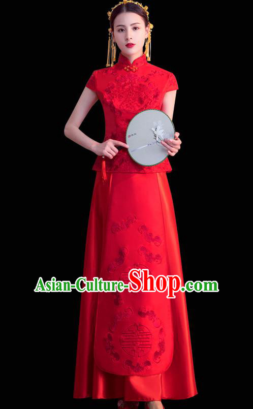 Chinese Ancient Wedding Costumes Bride Formal Dresses Embroidered Toast Cheongsam XiuHe Suit for Women