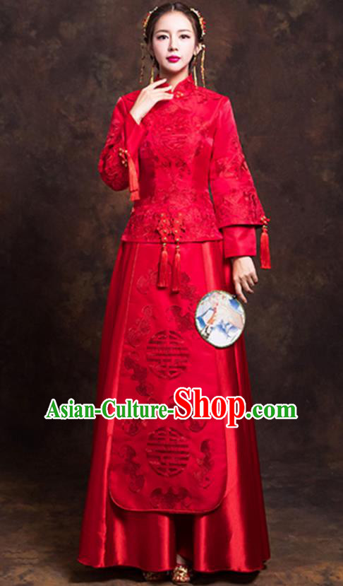 Chinese Ancient Bride Formal Dresses Wedding Costume Embroidered Toast Cheongsam XiuHe Suit for Women