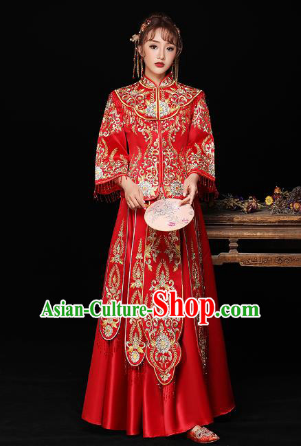 Chinese Ancient Bride Formal Dresses Wedding Costume Embroidered Toast Cheongsam Red XiuHe Suit for Women