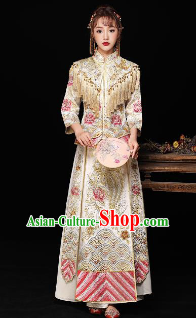 Chinese Ancient Bride Formal Dresses Wedding Costume Embroidered White Cheongsam XiuHe Suit for Women