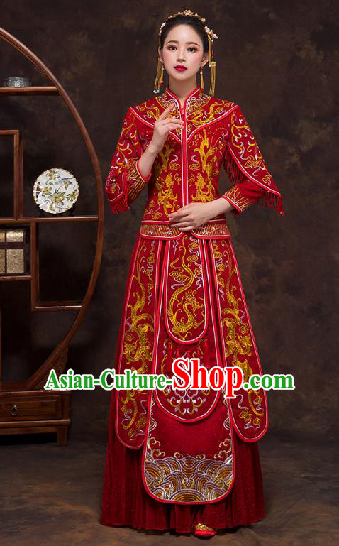 Chinese Ancient Wedding Costumes Bride Formal Dresses Embroidered Bottom Drawer Red XiuHe Suit for Women