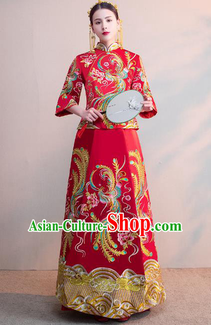 Chinese Ancient Bride Red Formal Dresses Wedding Costume Embroidered Cheongsam XiuHe Suit for Women