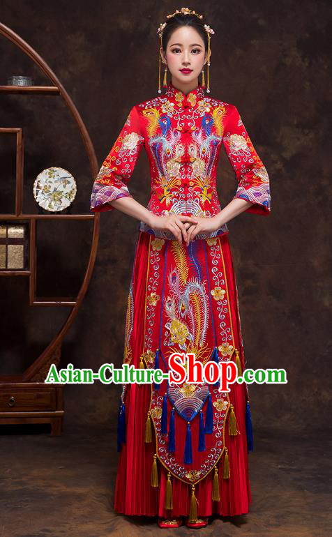 Chinese Ancient Wedding Costumes Bride Formal Dresses Embroidered Phoenix Bottom Drawer Red XiuHe Suit for Women