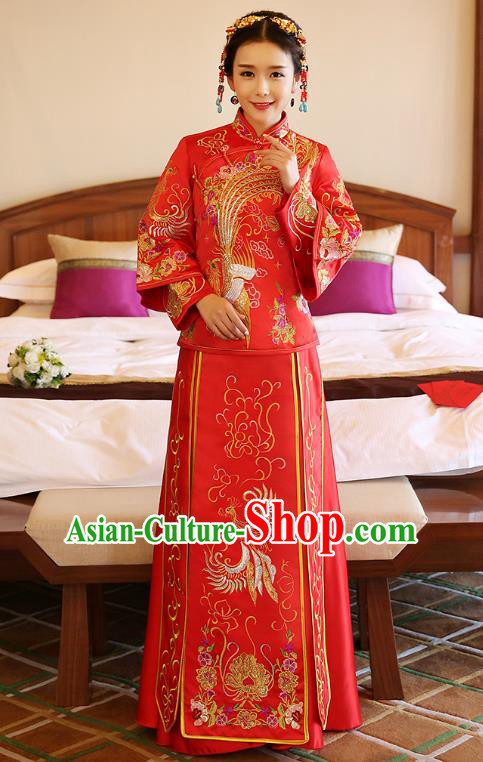 Chinese Ancient Bride Formal Dresses Wedding Costume Embroidered Phoenix Longfenggua XiuHe Suit for Women