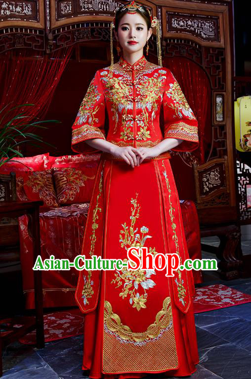 Top Grade Chinese Traditional Wedding Dress Ancient Bride Embroidered Flowers XiuHe Suit for Women