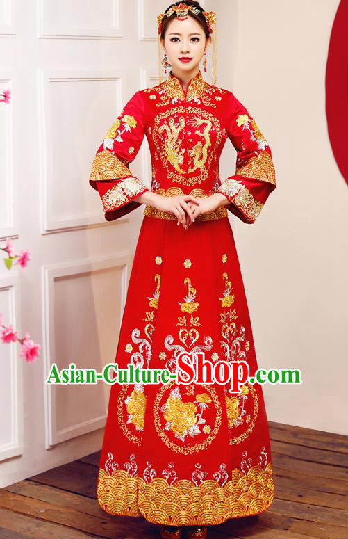 Top Grade Chinese Traditional Wedding Dress Ancient Bride Embroidered Dragon Phoenix XiuHe Suit for Women